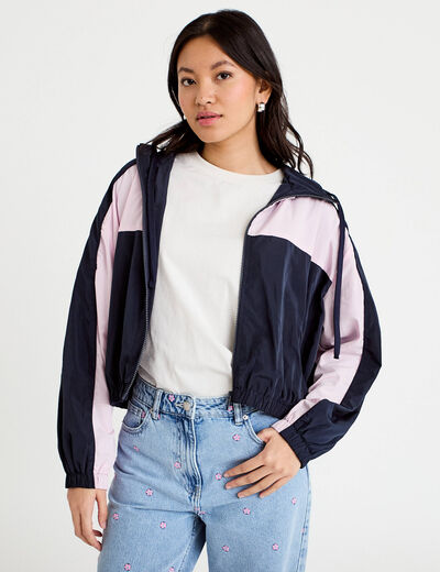 Veste cropped &agrave; capuche bas resserr&eacute; bleu marine femme