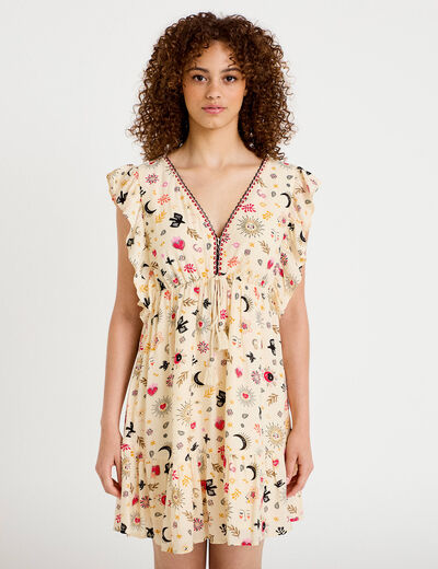 Robe courte &eacute;vas&eacute;e col v manches courtes blanc femme