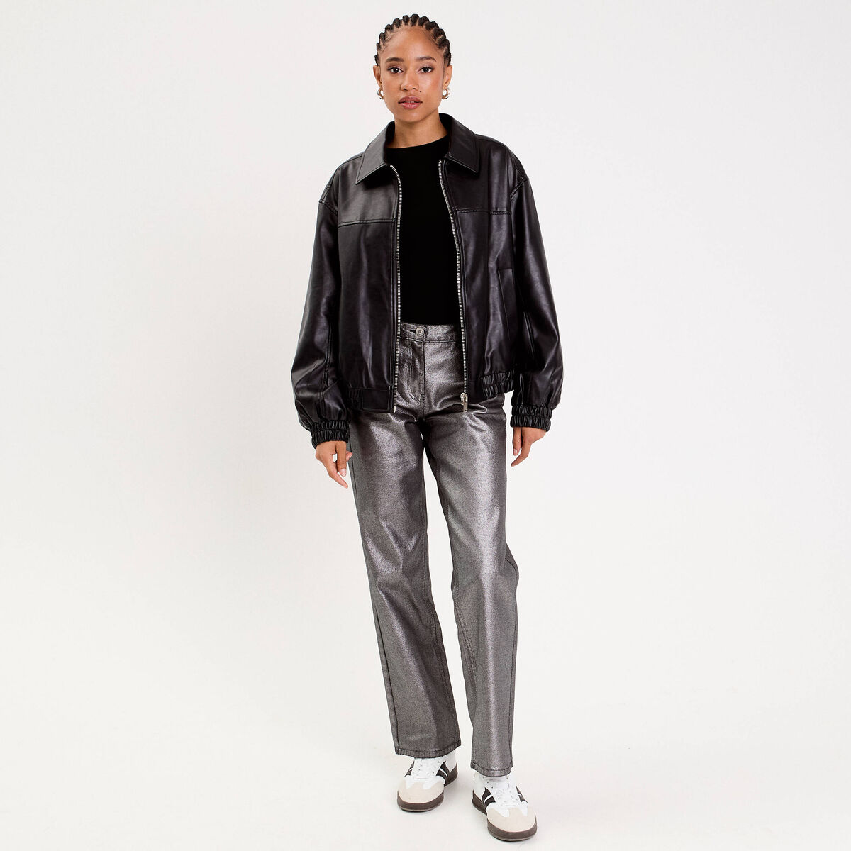 Bomber oversize similicuir col chemise noir femme