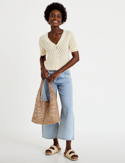 Gilet ajour&eacute; col v manches courtes ecru femme