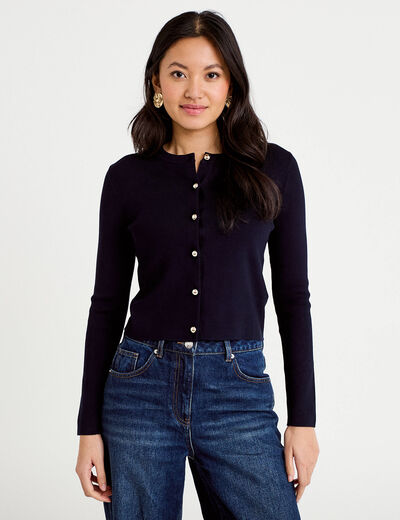 Gilet ajust&eacute; cropped col rond bleu marine femme