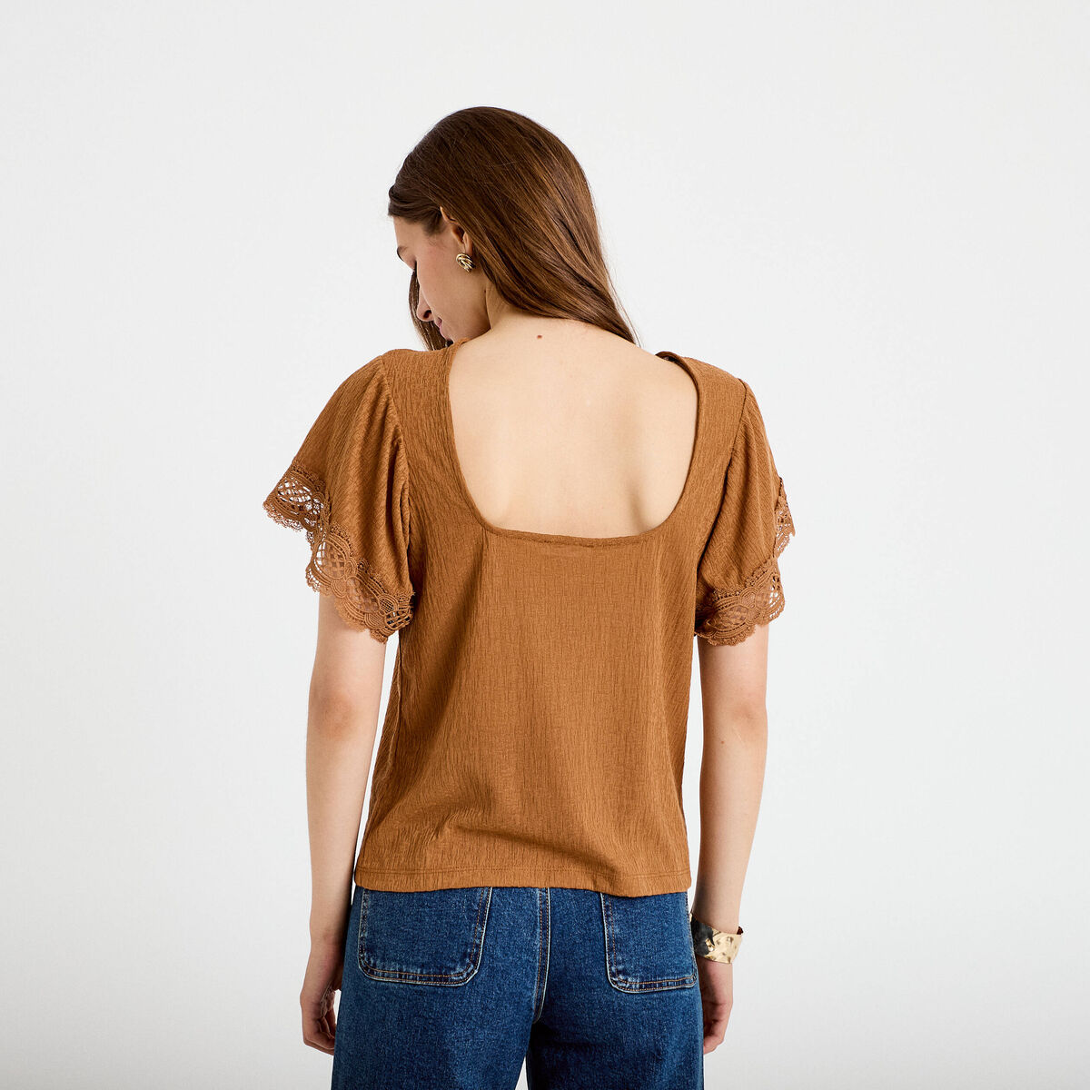T-shirt col rond manches courtes beige femme