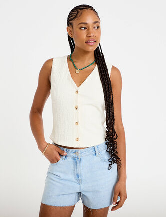 Gilet sans manches col v ecru femme