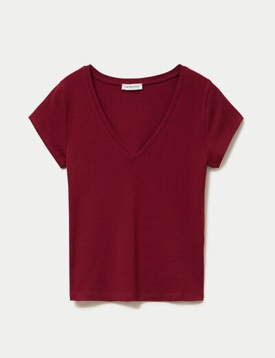 T-shirt ajust&eacute; col v manches courtes rouge femme