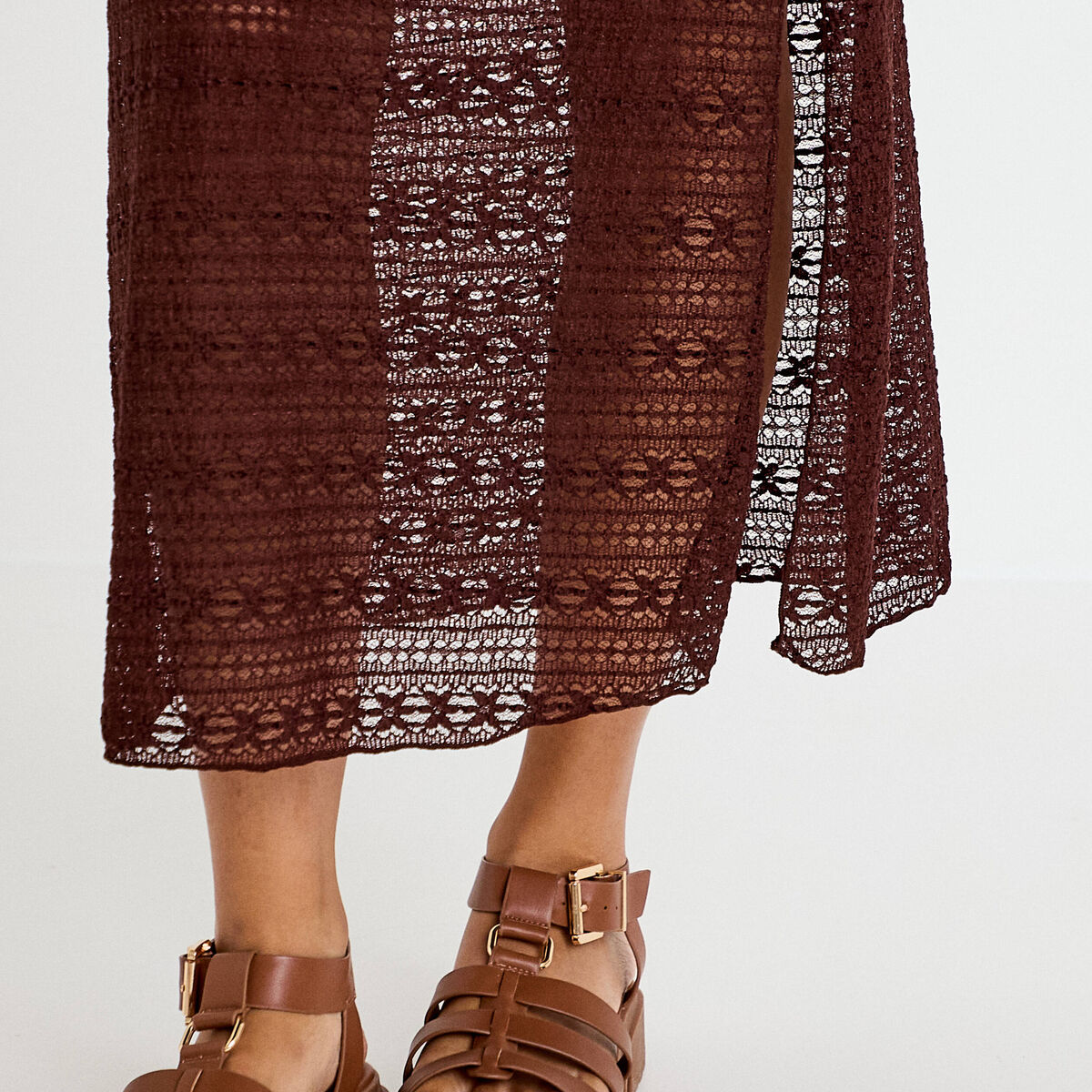 Jupe longue droite en dentelle marron femme