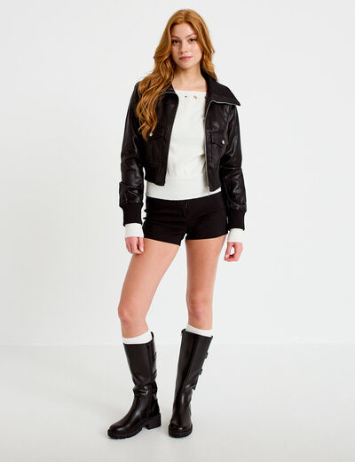 Bomber ajust&eacute; cropped similicuir noir femme