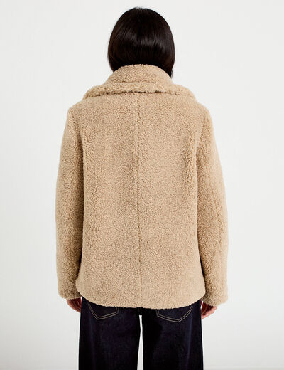 Manteau droit bouclettes col tailleur beige femme