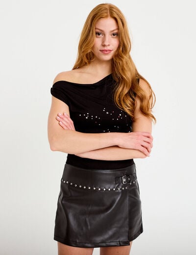 Jupe-short mini enduite d&eacute;tails clout&eacute;s noir femme