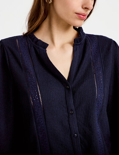 Blouse broderie col V manches longues bleu marine femme