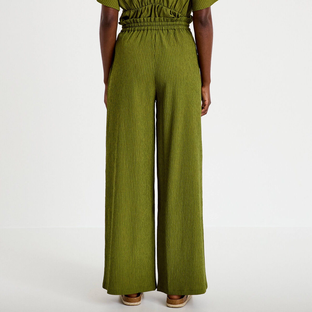 Pantalon large fluide taille haute vert kaki femme