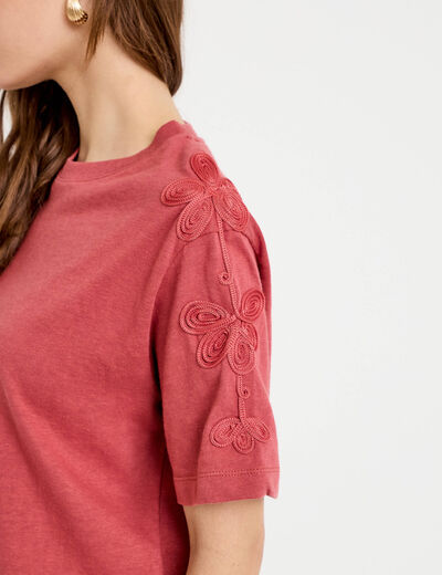 T-shirt col rond manches courtes brod&eacute; vieux rose femme