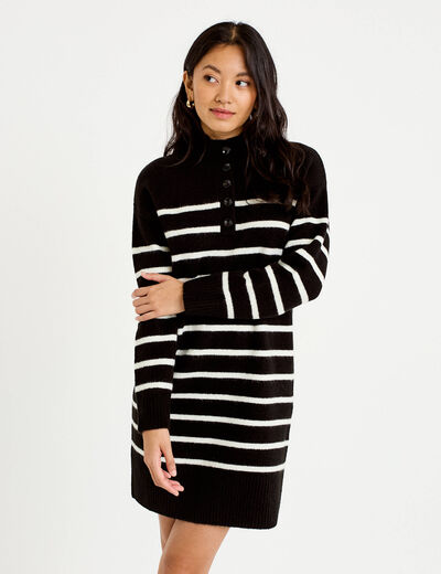 Robe pull droite manches longues 3/4 noir femme