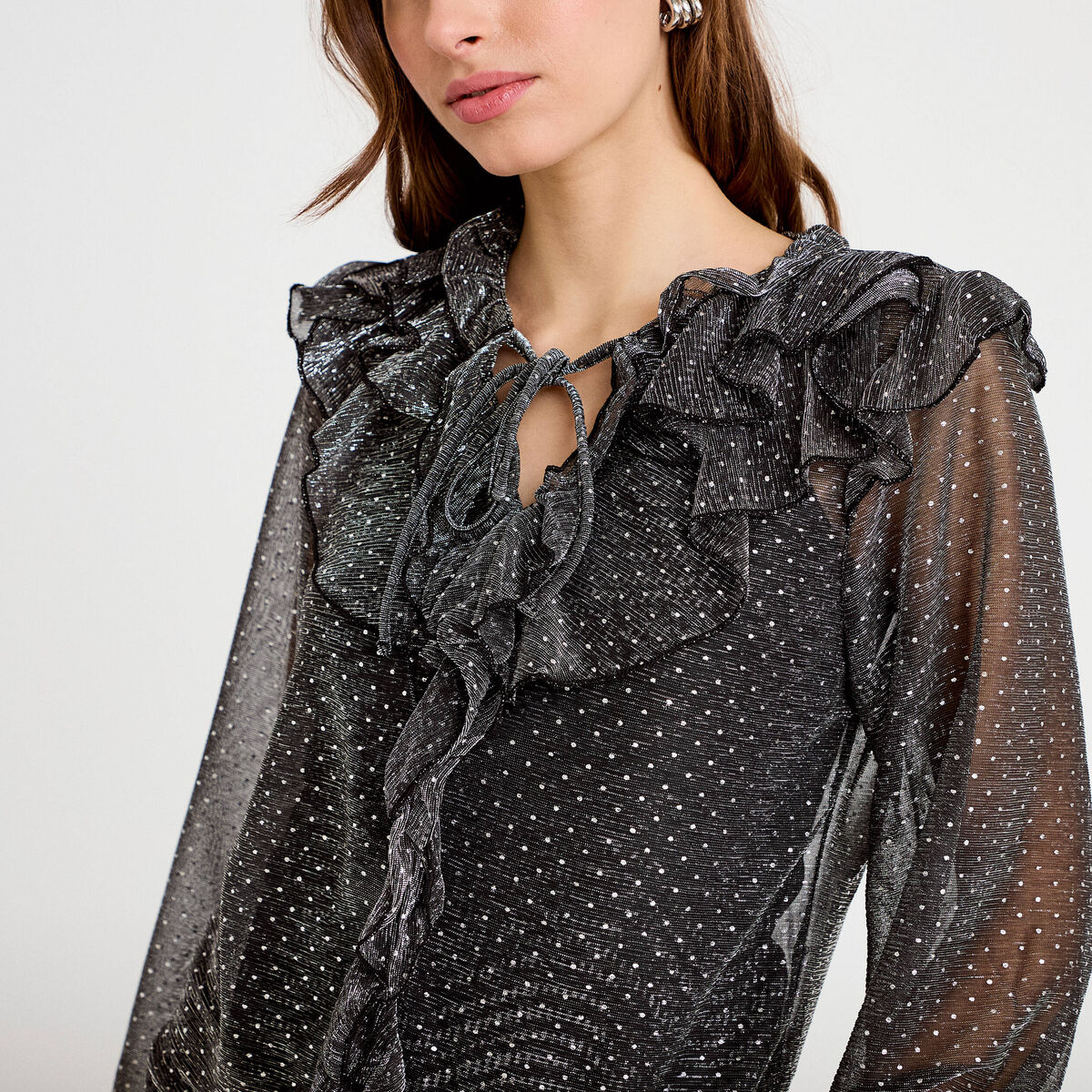 Blouse voile transparent paillet&eacute; gris argent femme
