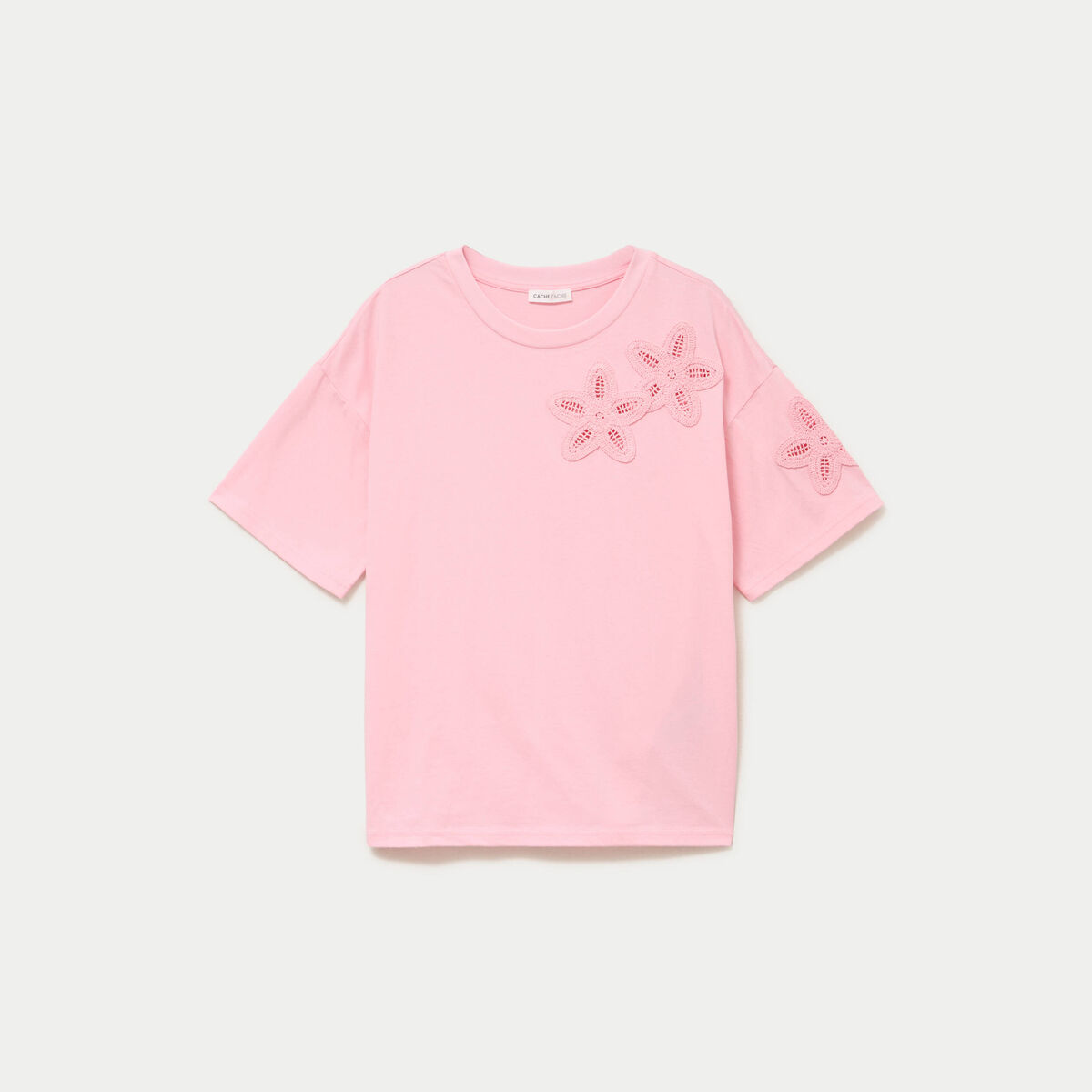 T-shirt col rond manches courtes rose corail femme