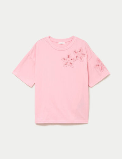 T-shirt col rond manches courtes rose corail femme