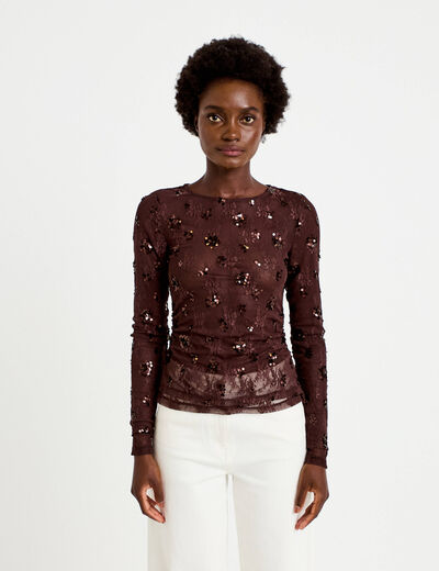 T-shirt ajust&eacute; col rond brod&eacute; perles marron fonc&eacute; femme