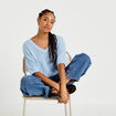 Pull ajour&eacute; col v manches courtes bleu ciel femme