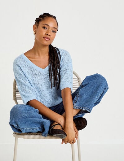 Pull ajour&eacute; col v manches courtes bleu ciel femme