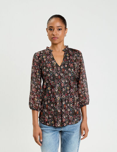 Blouse col v manches 3/4 multicolore femme