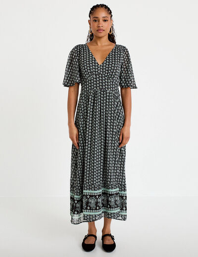 Robe longue &eacute;vas&eacute;e col v voile noir femme