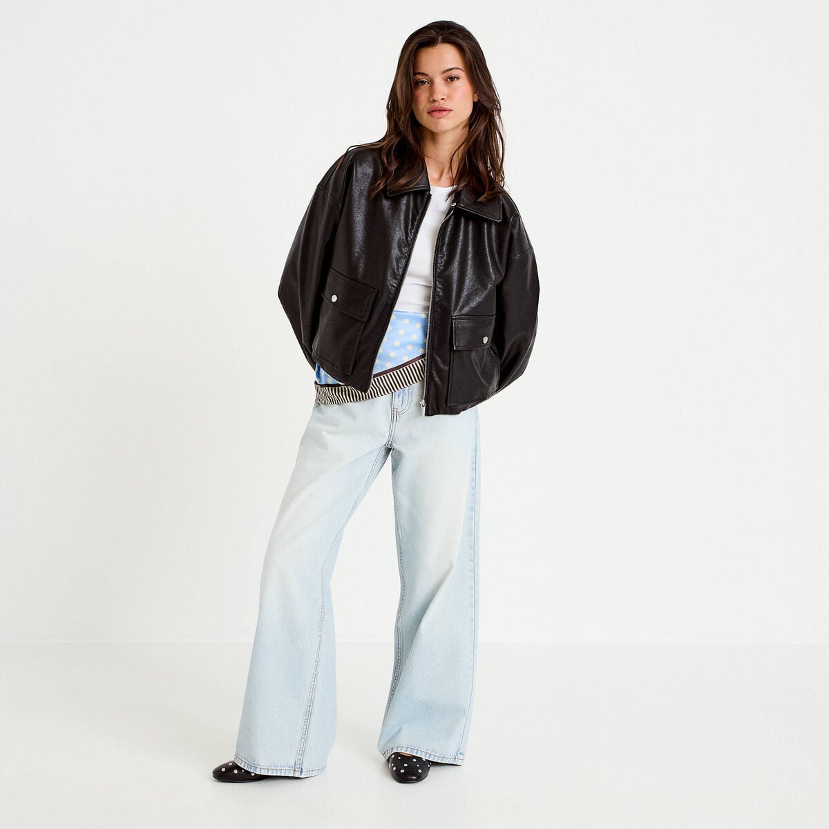 Jean wide leg taille haute Petite denim bleach femme