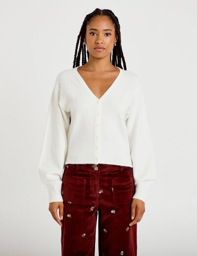 Gilet col v manches longues ecru femme