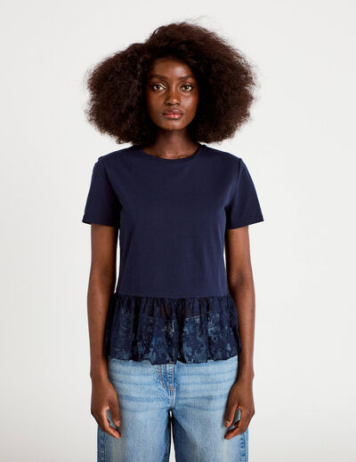 T-shirt manches courtes en dentelle bleu marine femme