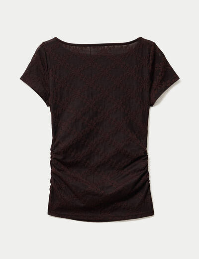 T-shirt ajust&eacute; dentelle col bateau marron fonc&eacute; femme