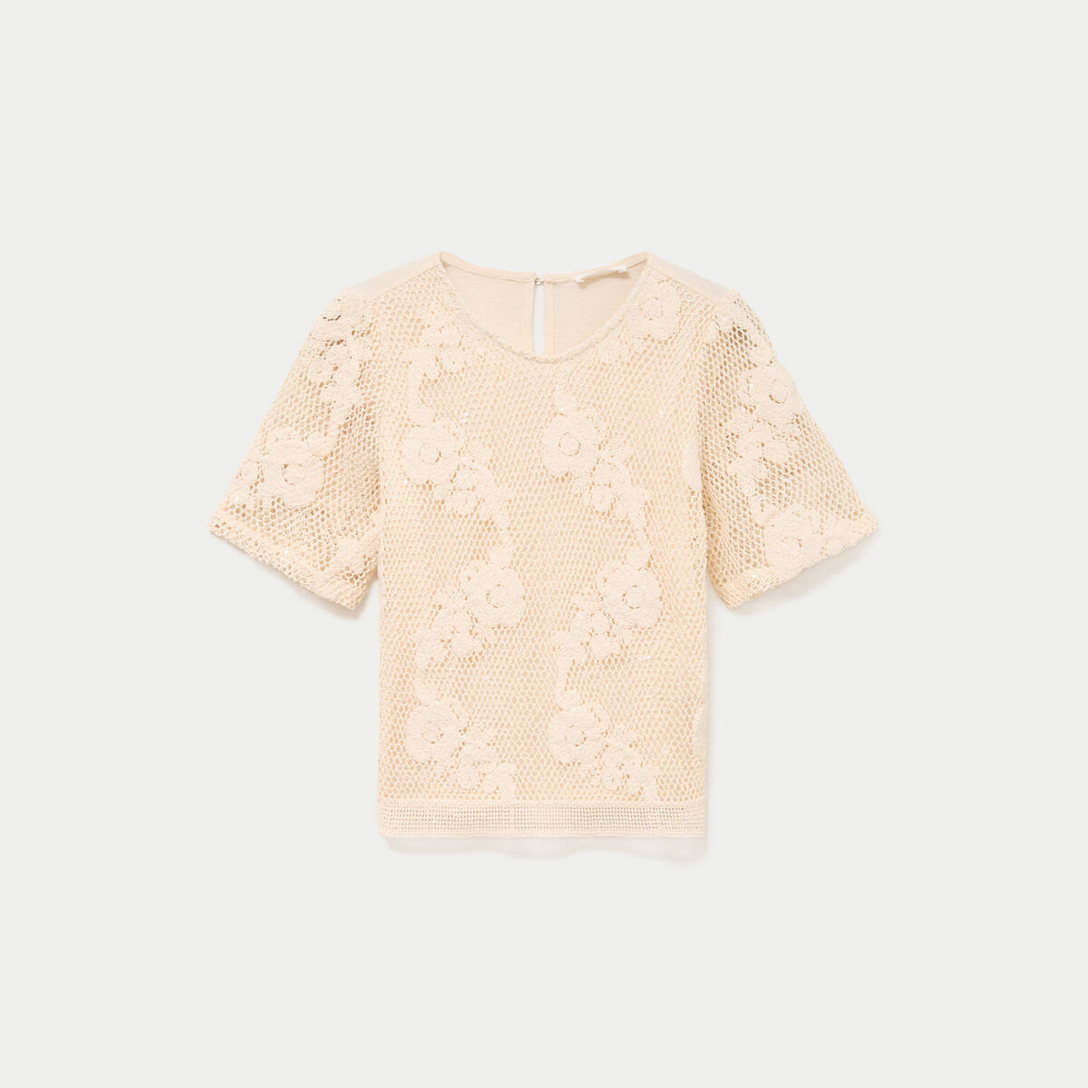T-shirt manches courtes aspect dentelle ecru femme
