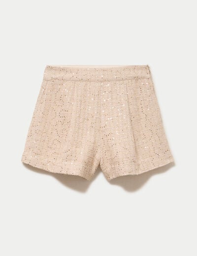 Short large taille haute en tweed ivoire femme