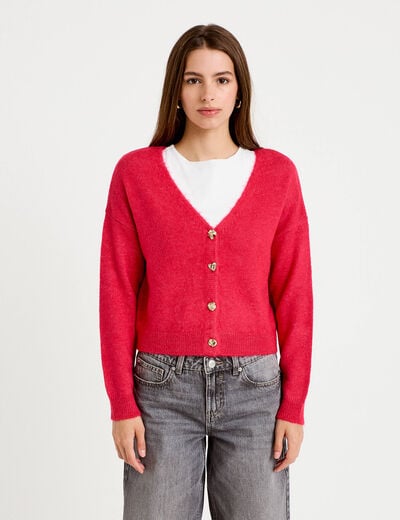 Gilet col v manches longues rouge femme