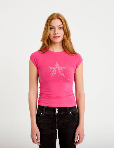 T-shirt ajust&eacute; court col rond rose fushia femme