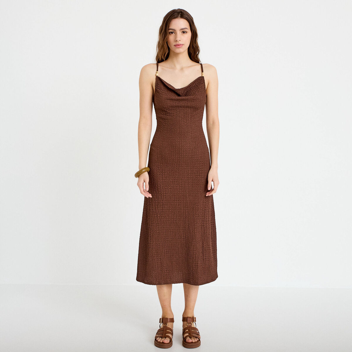 Robe longue droite en maille marron femme