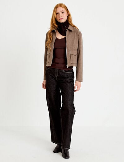 T-shirt thermique col en V plumetis marron fonc&eacute; femme