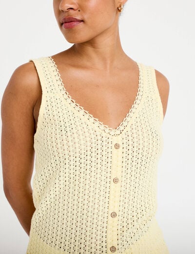 D&eacute;bardeur ajour&eacute; aspect dentelle col v jaune pastel femme