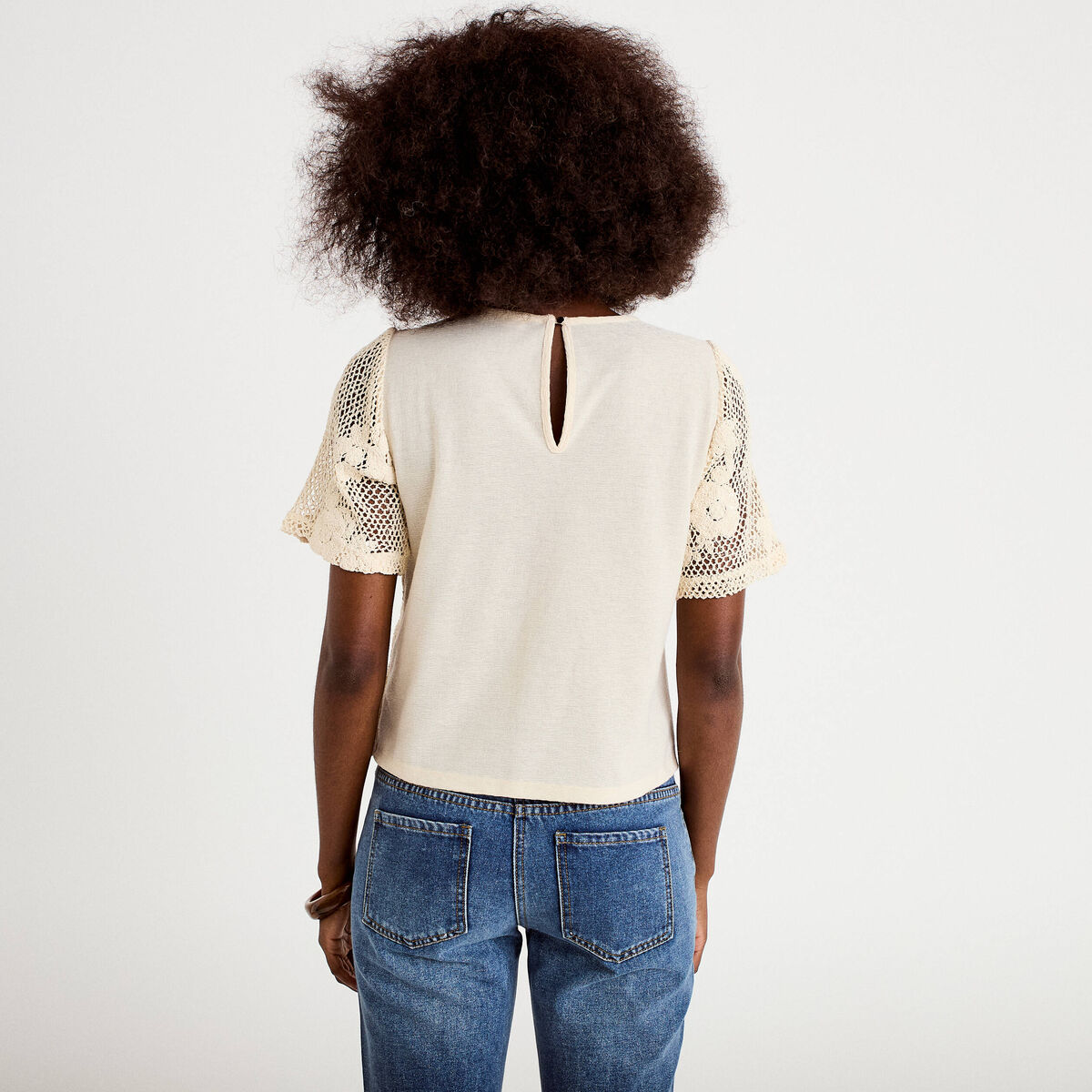 T-shirt manches courtes aspect dentelle ecru femme