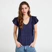 Blouse col v manches courtes dentelle bleu marine femme