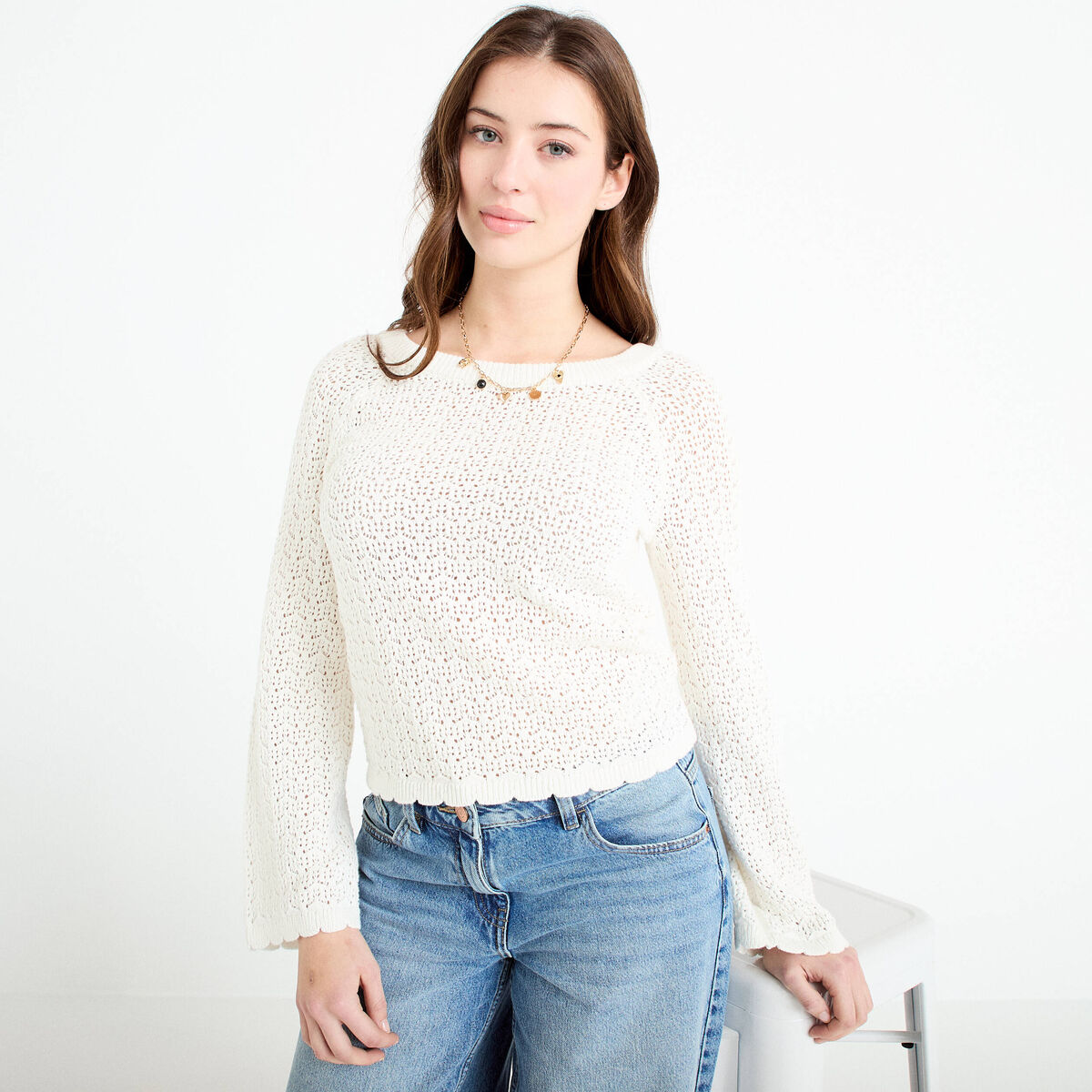 Pull ajour&eacute; ecru femme