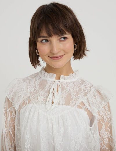 Blouse col rond manches longues dentelle ecru femme