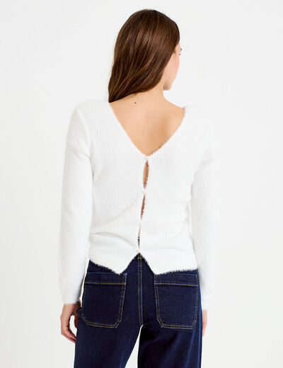 Pull col v manches longues perles ecru femme