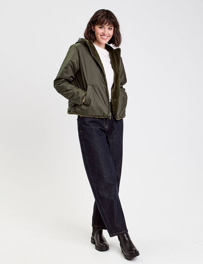 Parka r&eacute;versible &agrave; capuche vert kaki femme
