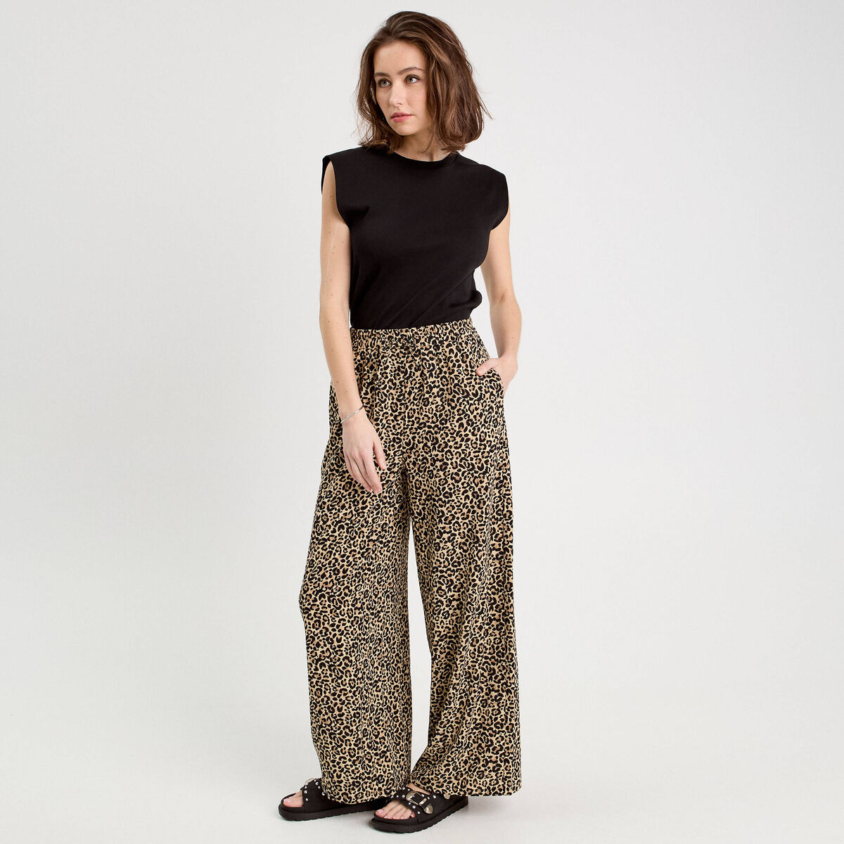 Pantalon large fluide beige femme
