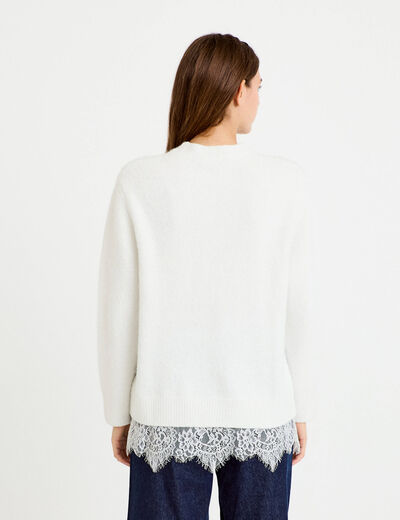 Pull manches longues avec dentelle ecru femme