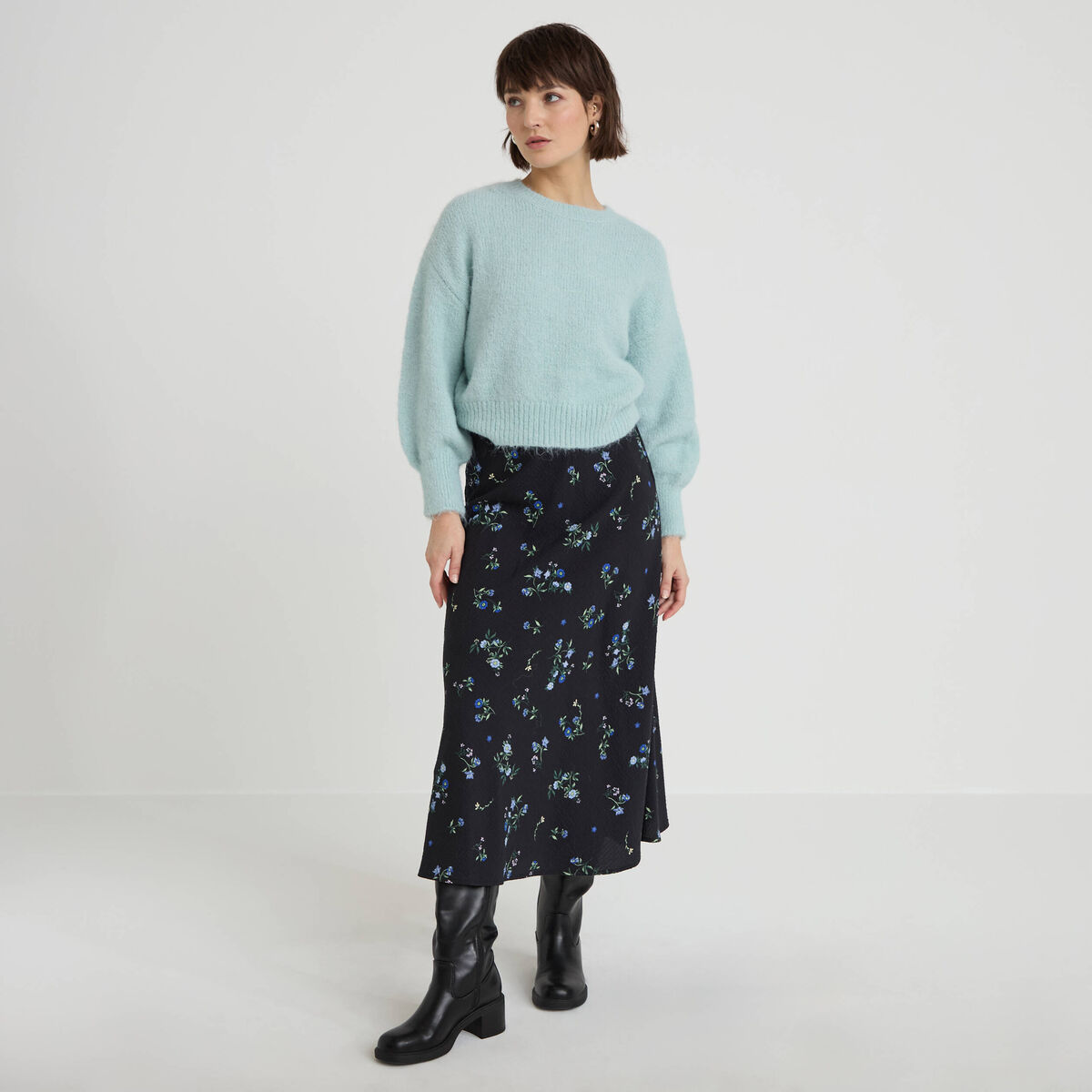 Jupe &eacute;vas&eacute;e longueur 3/4 noir femme