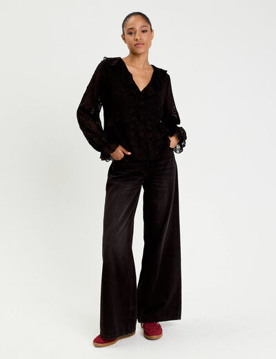 Blouse droite courte manches longues noir femme