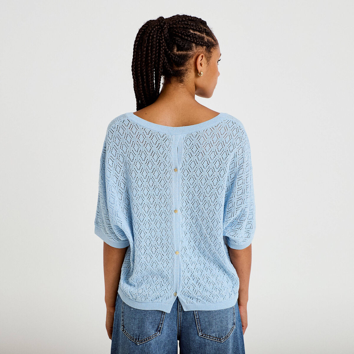 Pull ajour&eacute; col v manches courtes bleu ciel femme