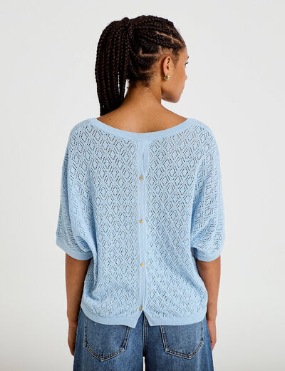 Pull ajour&eacute; col v manches courtes bleu ciel femme