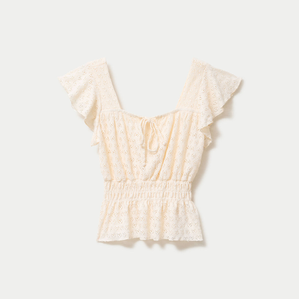 Blouse ajour&eacute;e col carr&eacute; manches courtes ecru femme