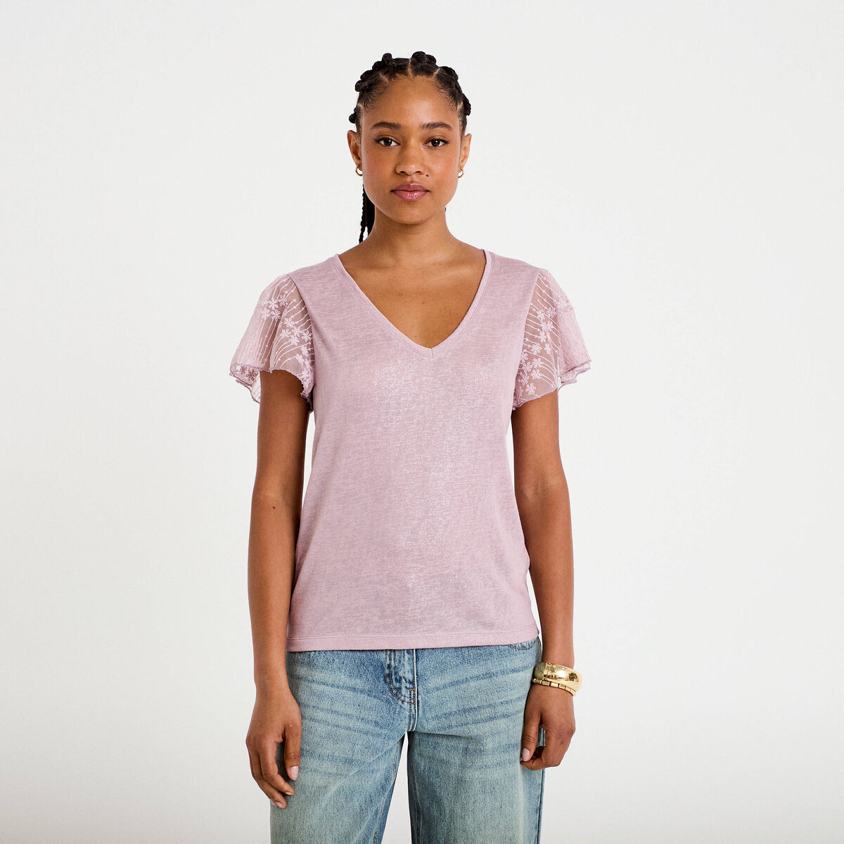 T-shirt manches dentelle parme femme