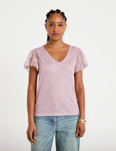 T-shirt manches dentelle parme femme